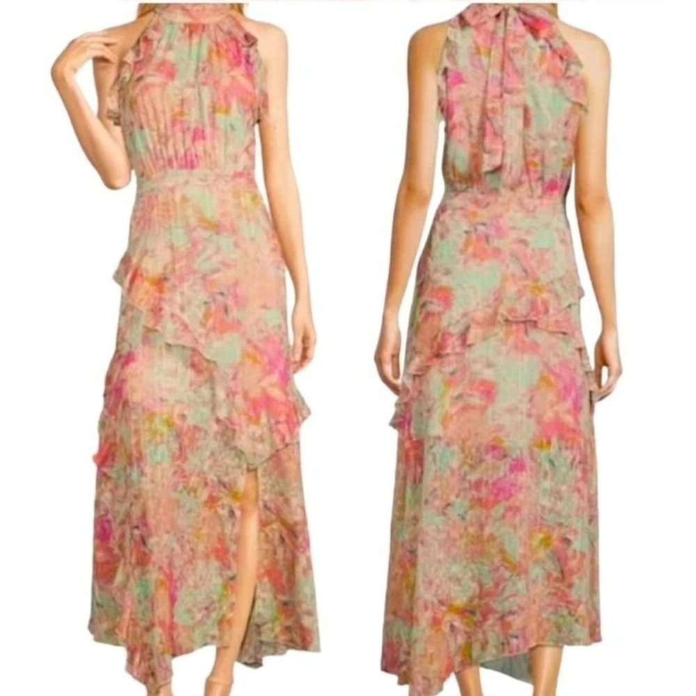 Alex Marie Floral Halter Maxi Dress Sleeveless Asymmetric Hem Feminine FairyNWOT